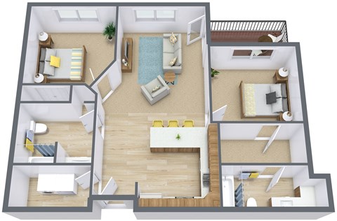 Floor plan for 2 beds, 2 baths, 1050 sqft